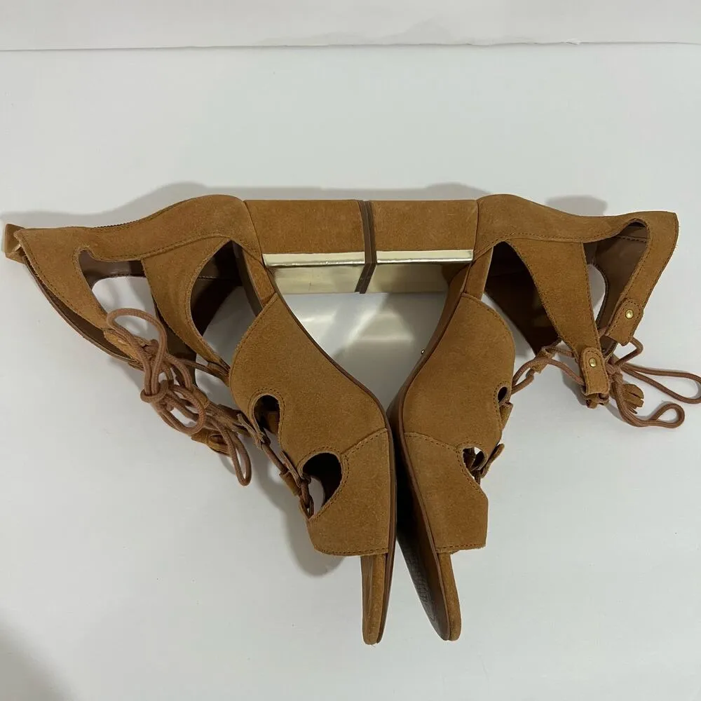 Stradivarius Lace Up Block Heels Camel Brown & Gold Size 38 - Image 6