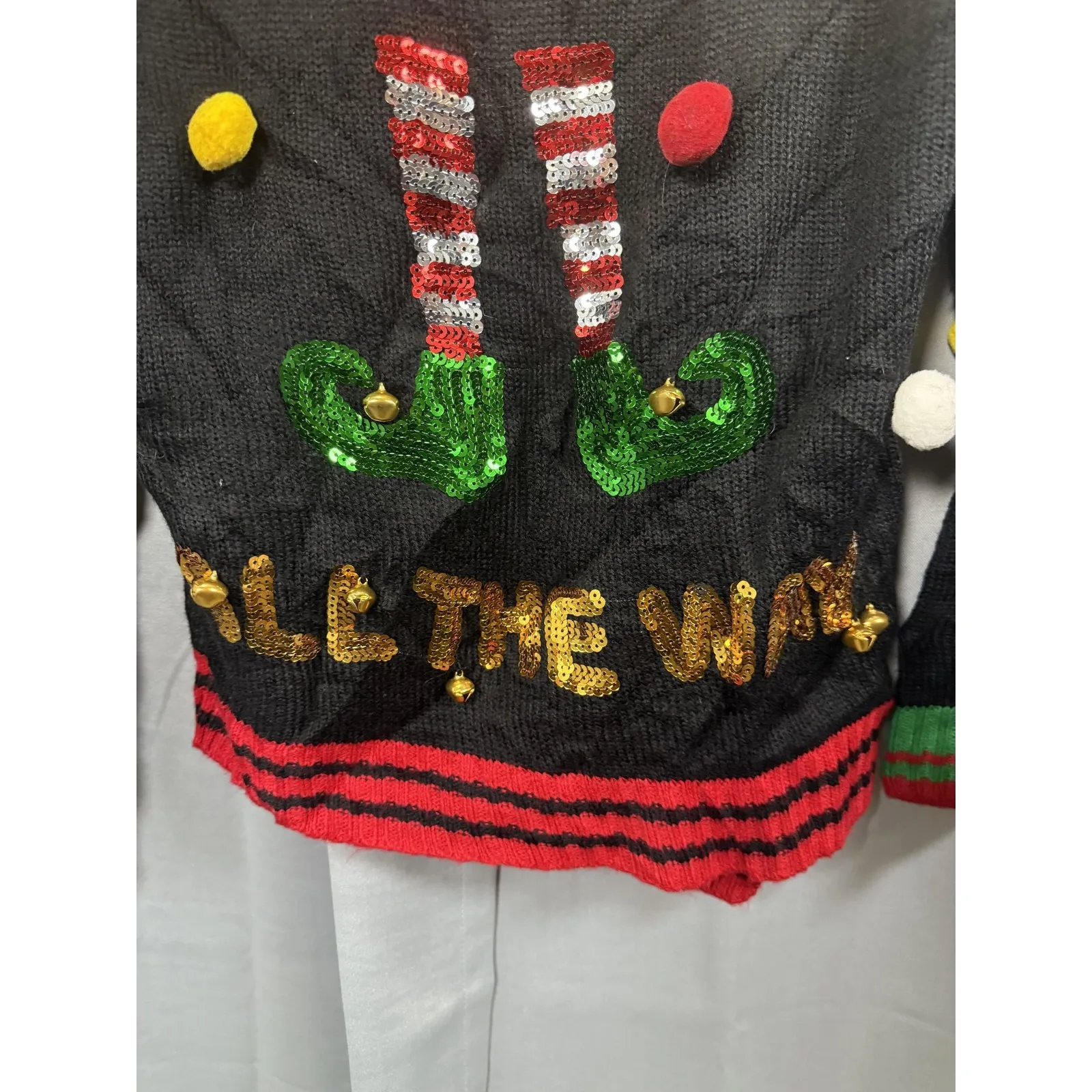Holiday Traditions Sweater Womens Small Black Ugly Christmas Sequin Bells Elf - Image 3