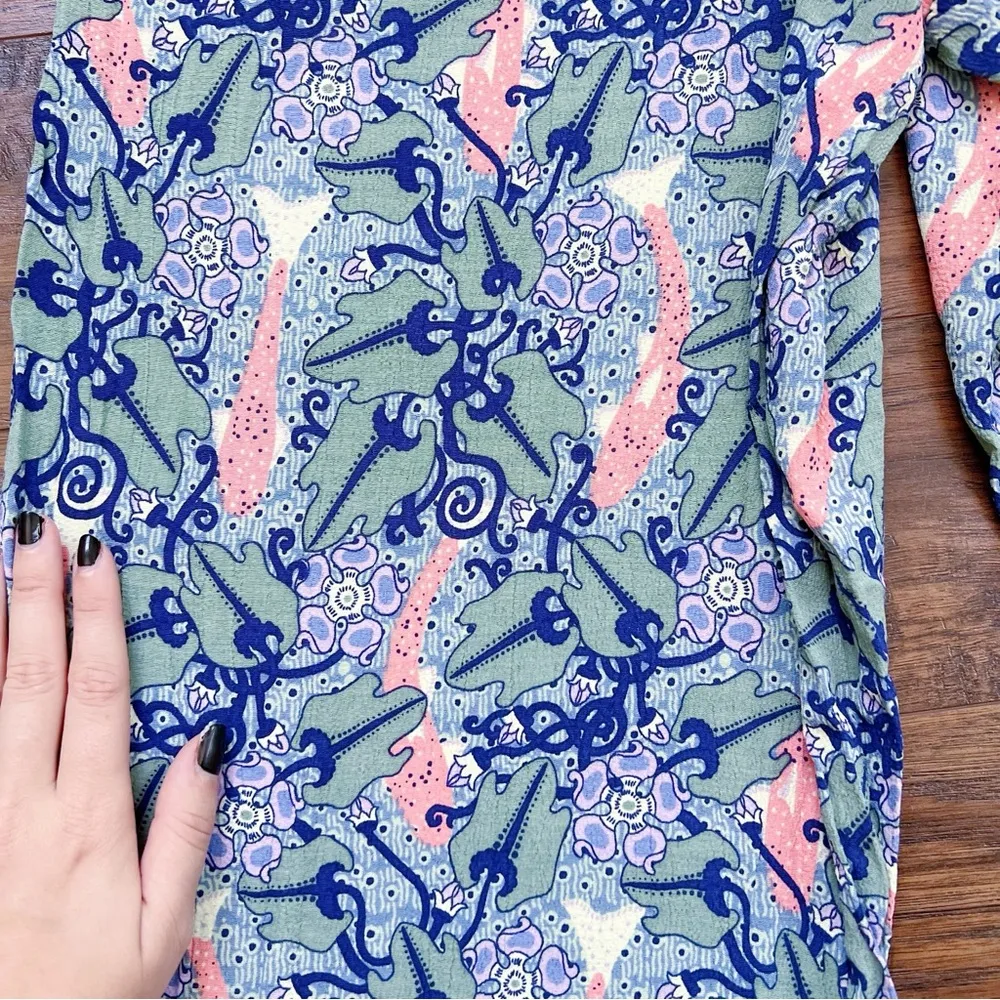 FLAX • wide leg crinkle rayon pants fish seaweed pattern coral blue green - Image 6