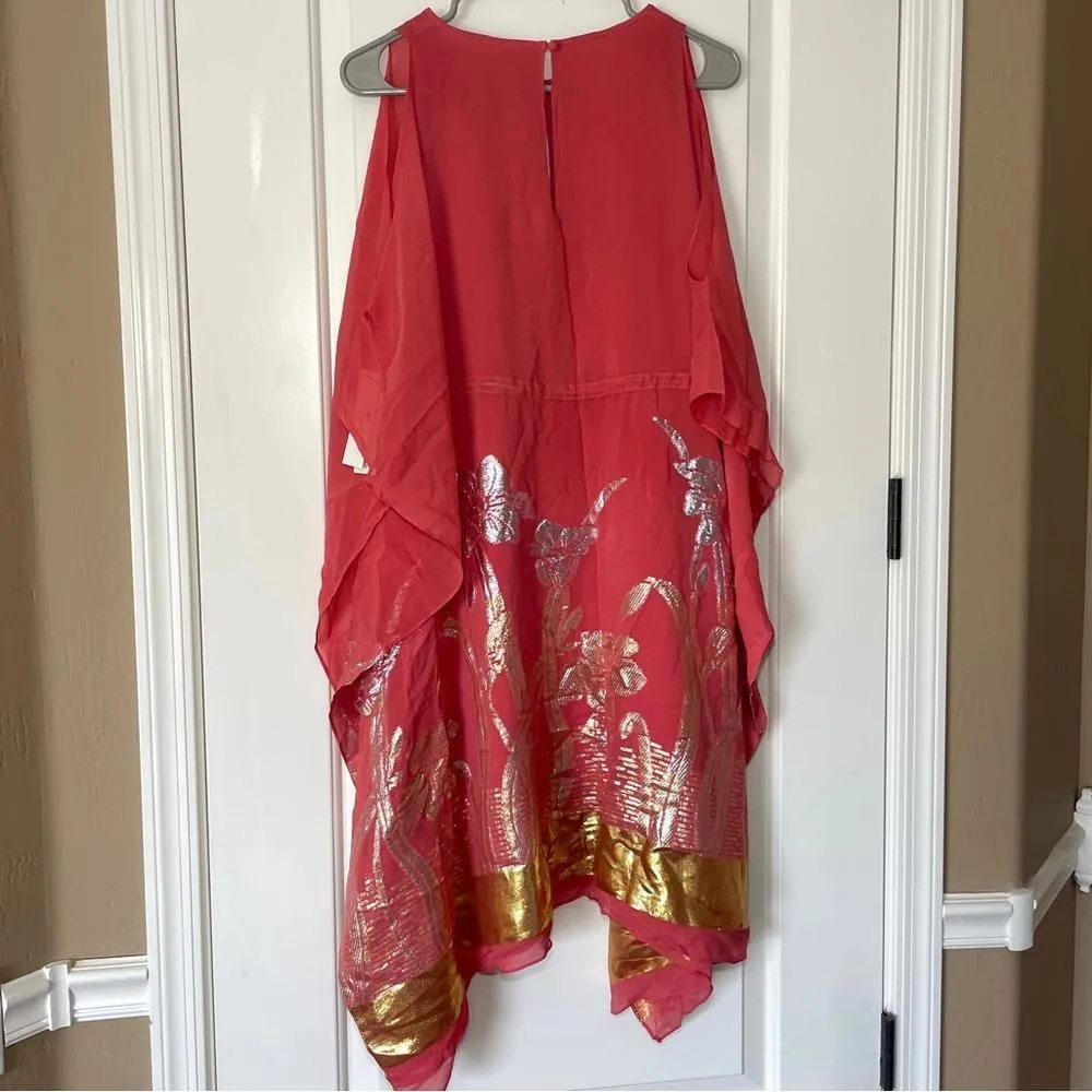 NWT Badgley Mischka Hibiscus Coral Mettalic Floral Poncho Caftan Dress Size: S‎ - Image 2