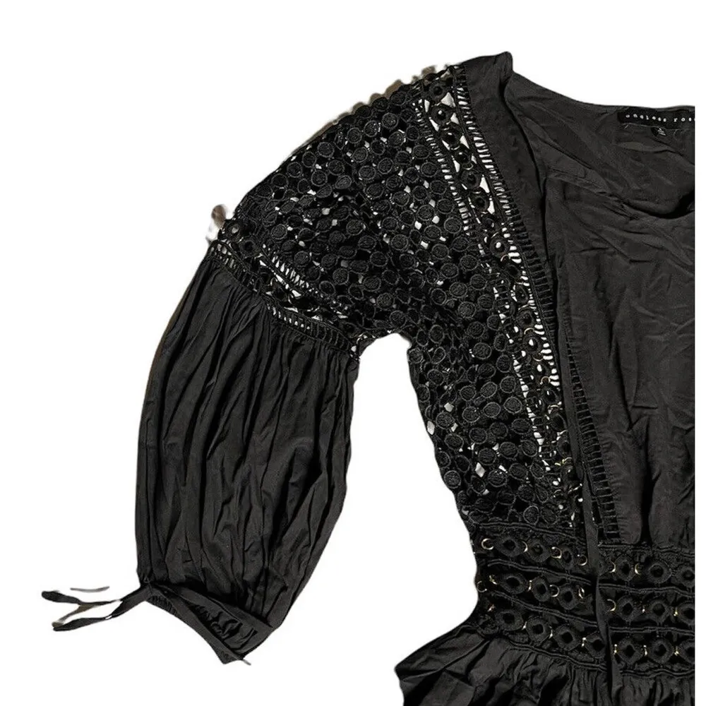 Womens ENDLESS ROSE Flared Boho Dress Crochet Trim Metal Detail Black Sz S $146 - Image 10
