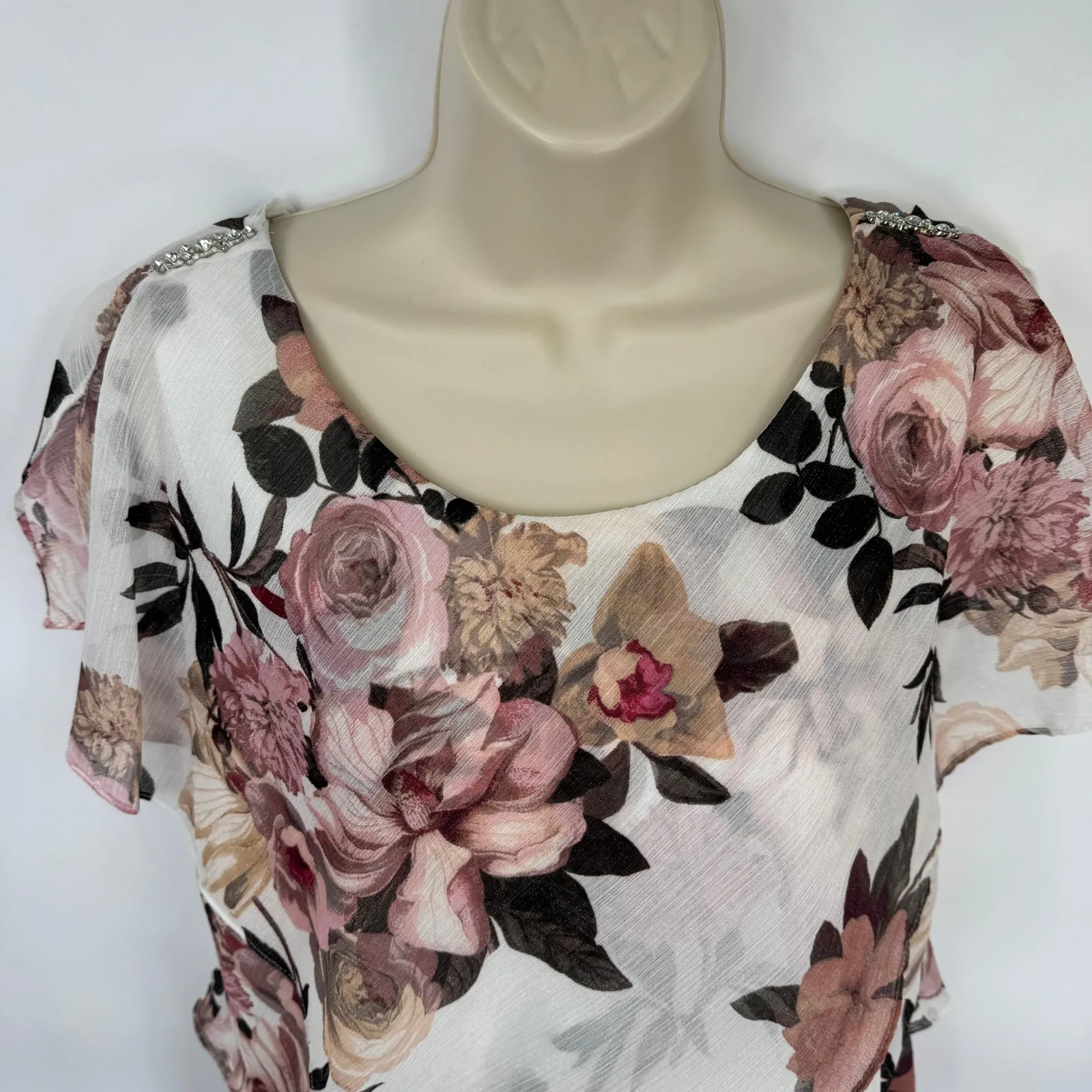 Vintage SLNY Floral Tiered Ruffle Dress Womens 10 White Pink Tea Party Romantic - Image 6