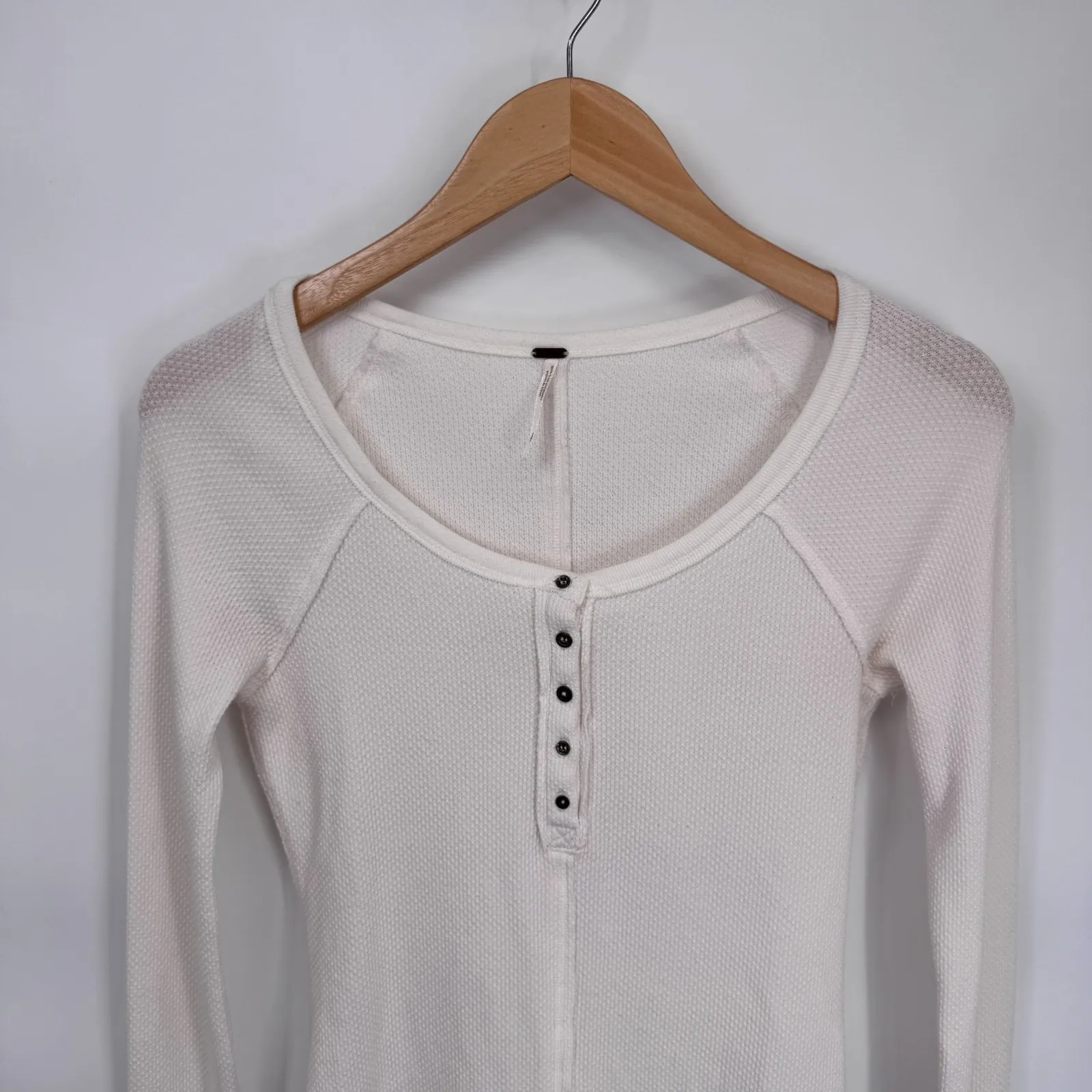 Free People Alpine Cuff Sleeve Thermal Henley Waffle Knit Women's S White Blue - Image 4