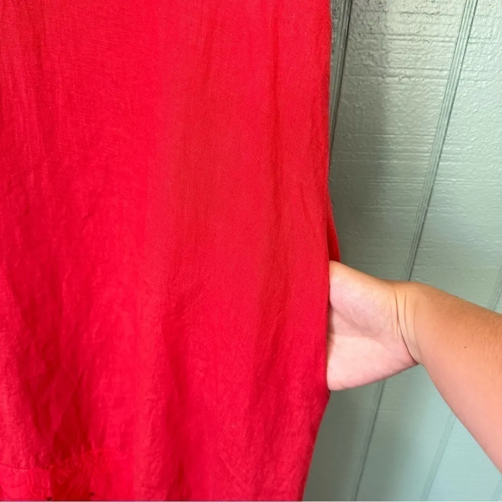 Rosemarine Made In Italy 100% Linen Red Embroidered Eyelet Hem Dress Size Medium - Image 4