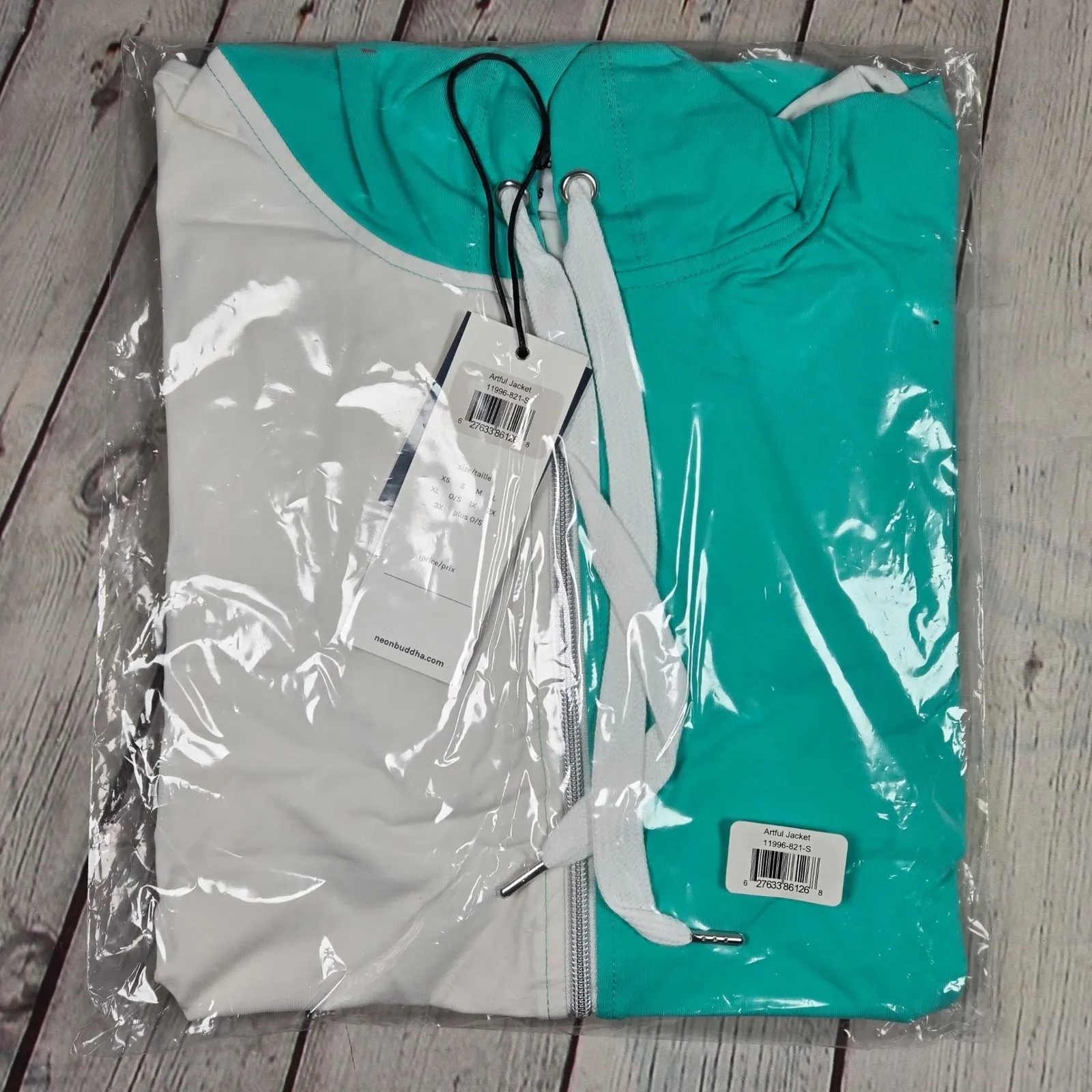 Lux Leisure Neon Buddha Artful Jacket Teal White Color Block Zip Front Hoodie S - Image 12
