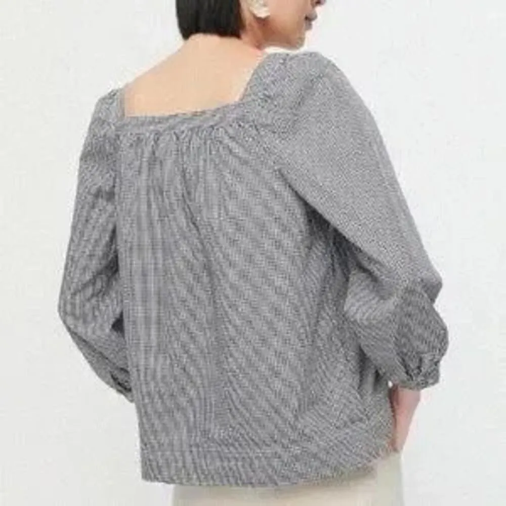 J Crew Penny Peasant Gingham Square Neck 3/4 Sleeve Top Black White XS - Image 12