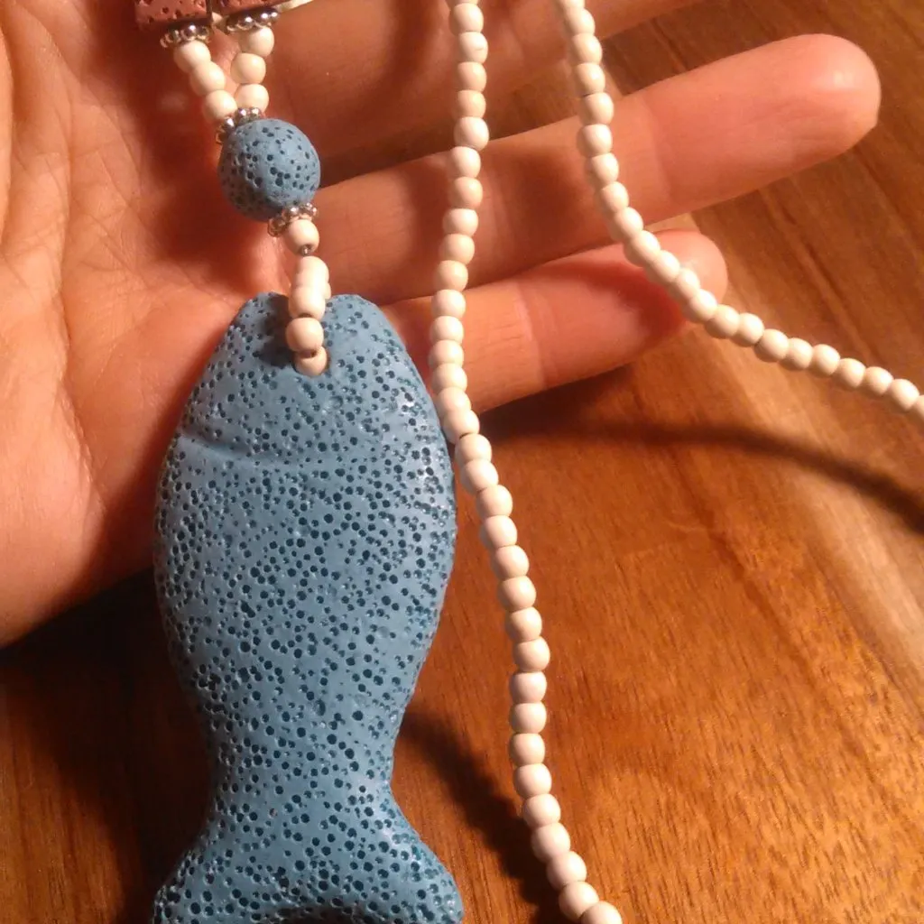White and Blue Howlite and Lava Stone Fish Pendant Necklace (28 Inch) - Image 4