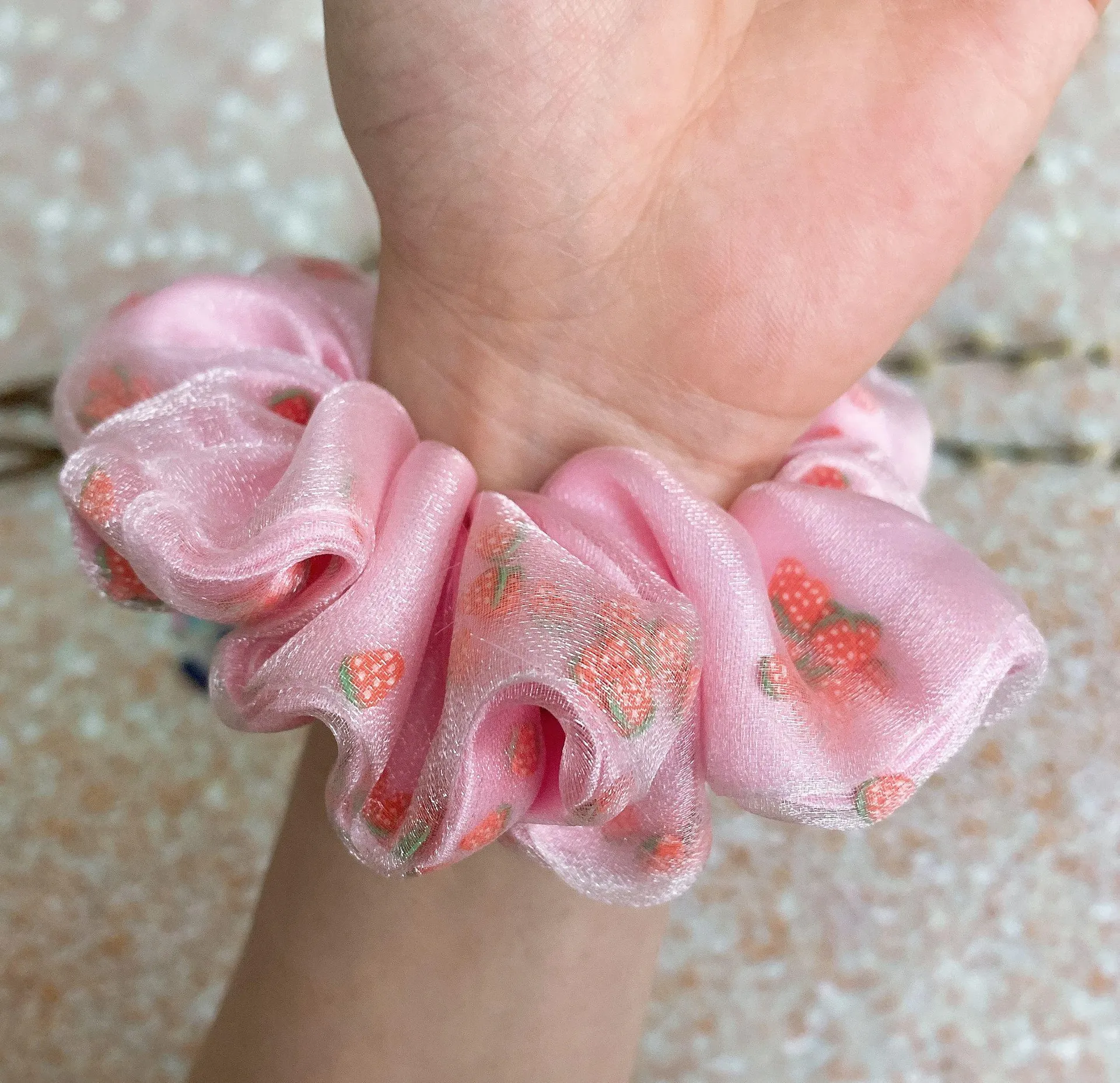 Pink Strawberry Filled Scrunchie Shaker Scrunchie Organza Satin Scrunchie - Image 6