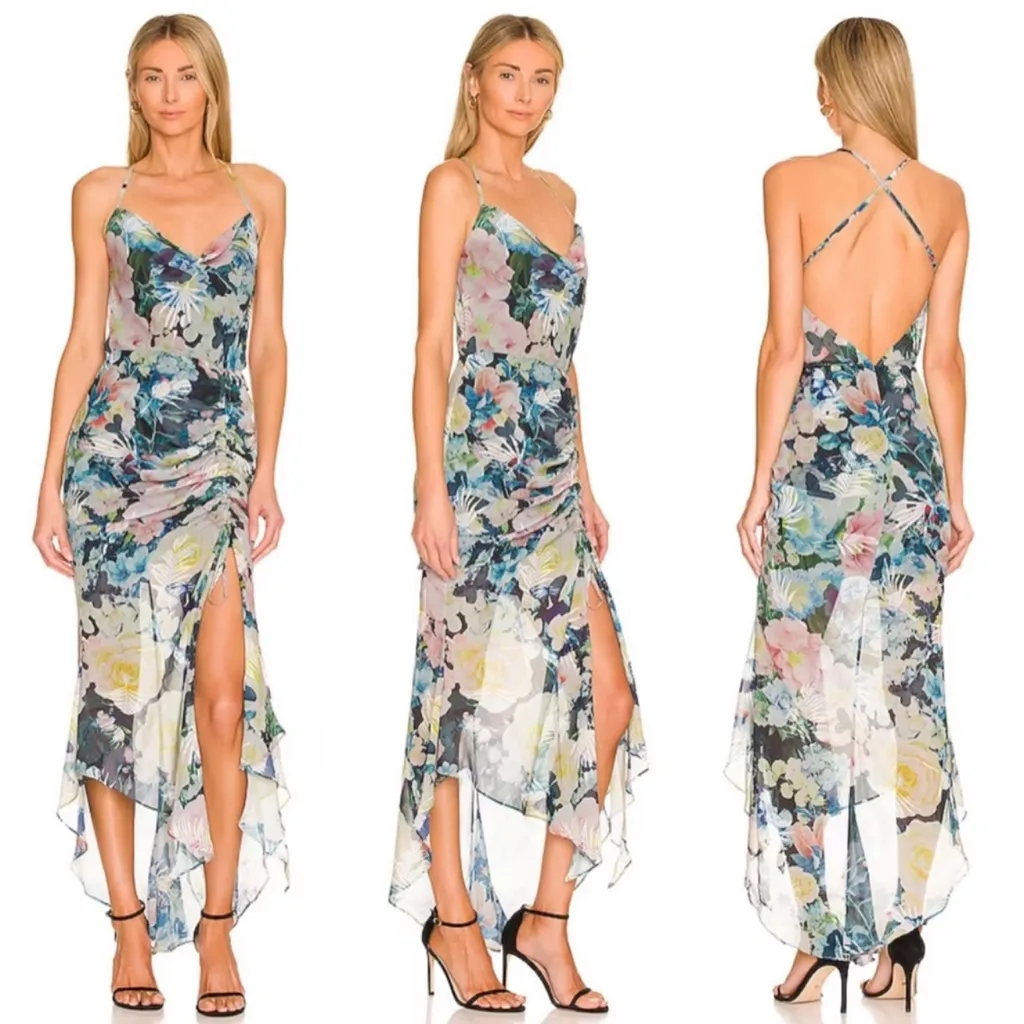 SAU LEE SAULEE Frieda Floral Midi Dress in Blue Multi Print Cowl Neckline Size 4 - Image 2