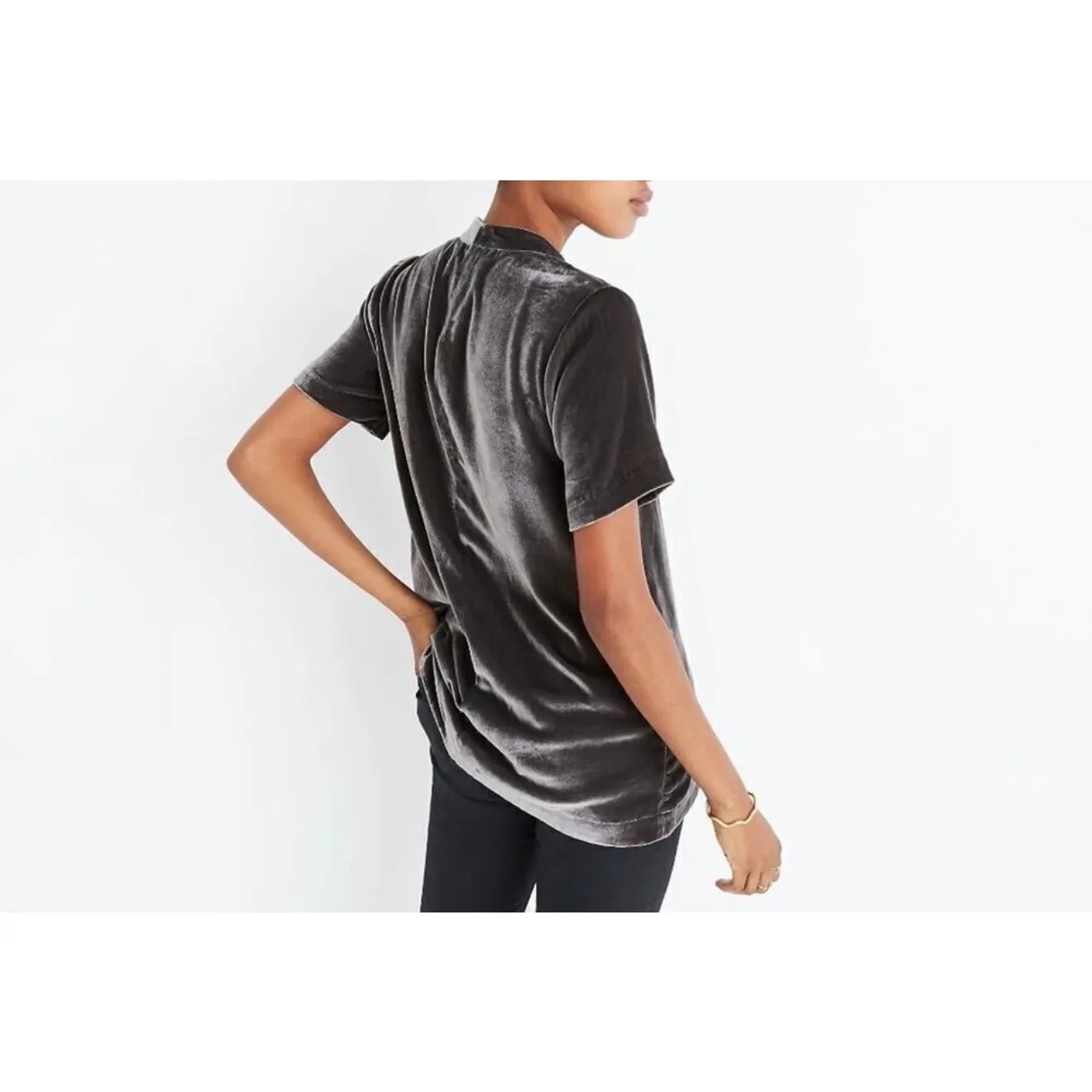 Madewell Choker Collar Viscose & Silk Vneck Tee Dark Metal Women's Small - Image 2