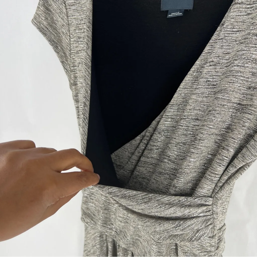 Anthropologie Maeve Tamera Metallic Silver Surplice‎ Faux Wrap Midi Dress Size S - Image 4