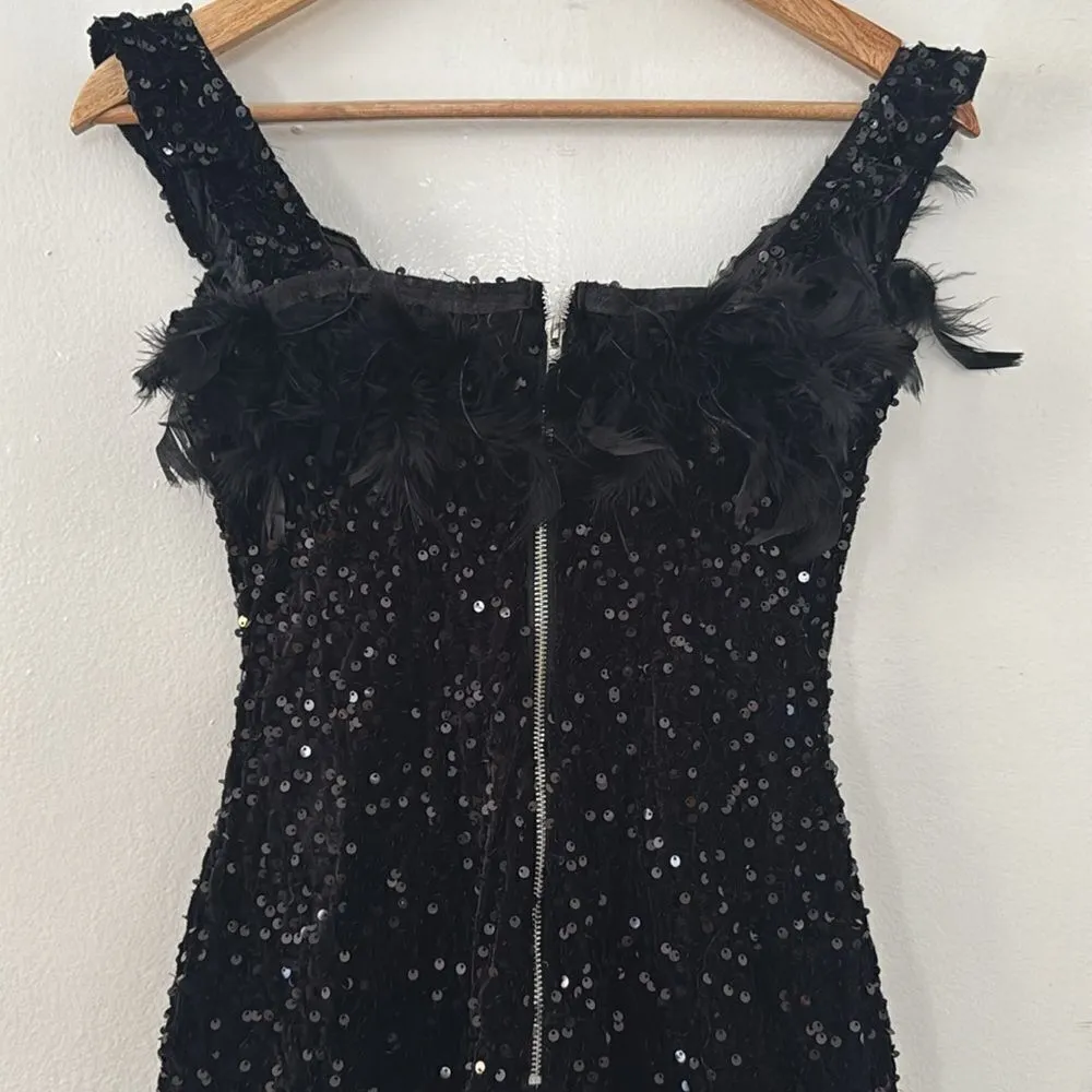 Off Shoulder Sequin Feather Mini Dress Flaxmaker NWOT Black Size M - Image 4
