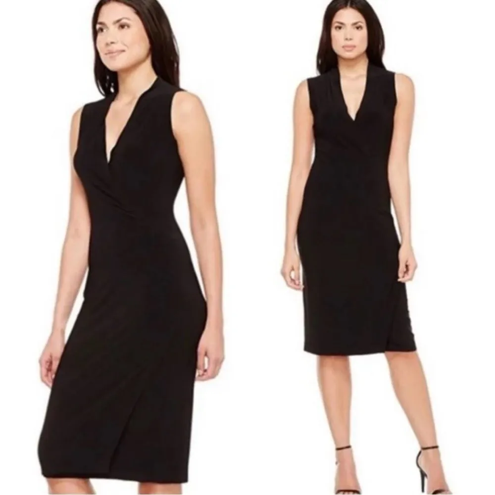 Norma Kamali Sleeveless Side Draped V Neck Faux Wrap Black Midi Dress NWT Size M - Image 2
