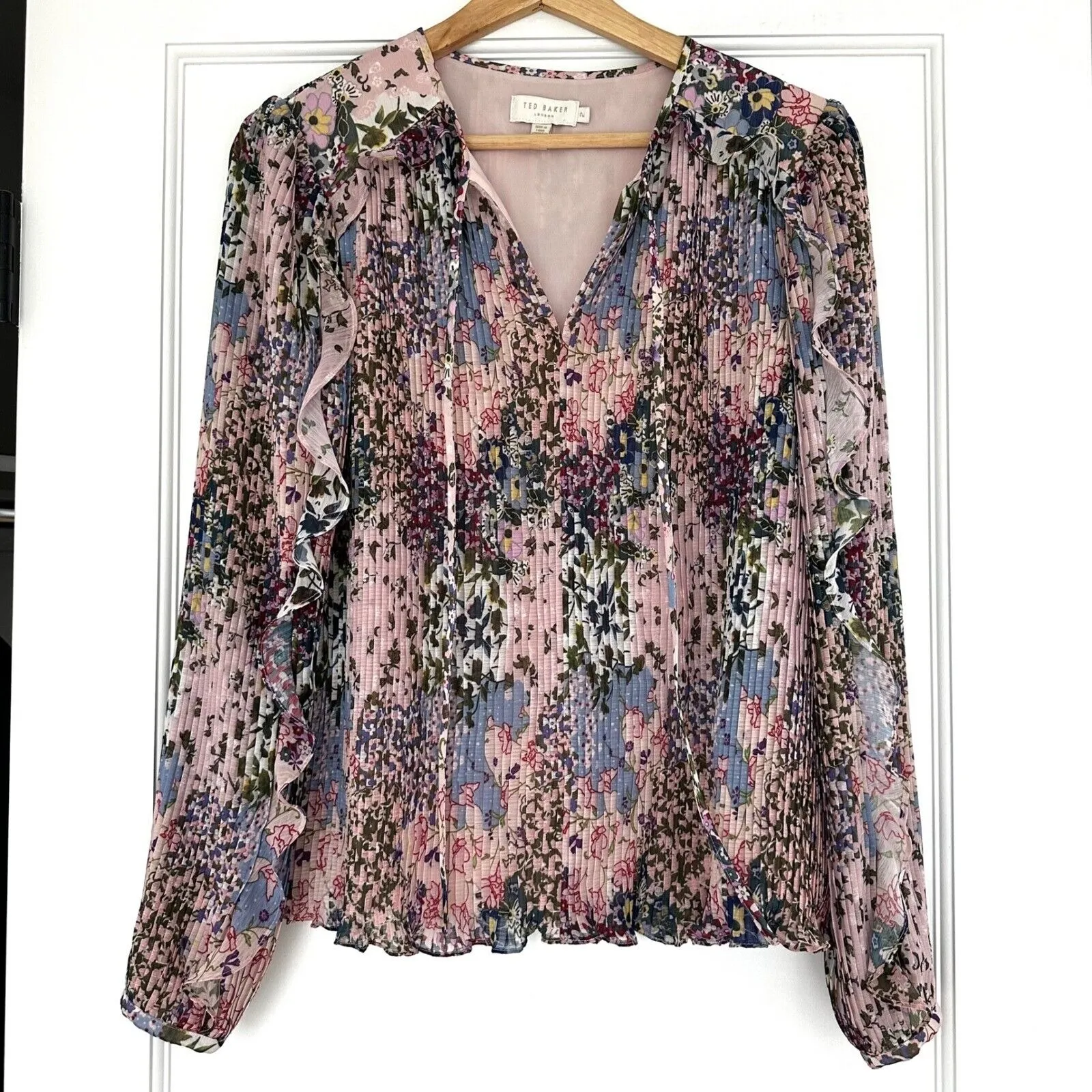 Ted Baker London Floral Print Ruffle Long‎ Sleeve Blouse Top Size 2 - Image 2
