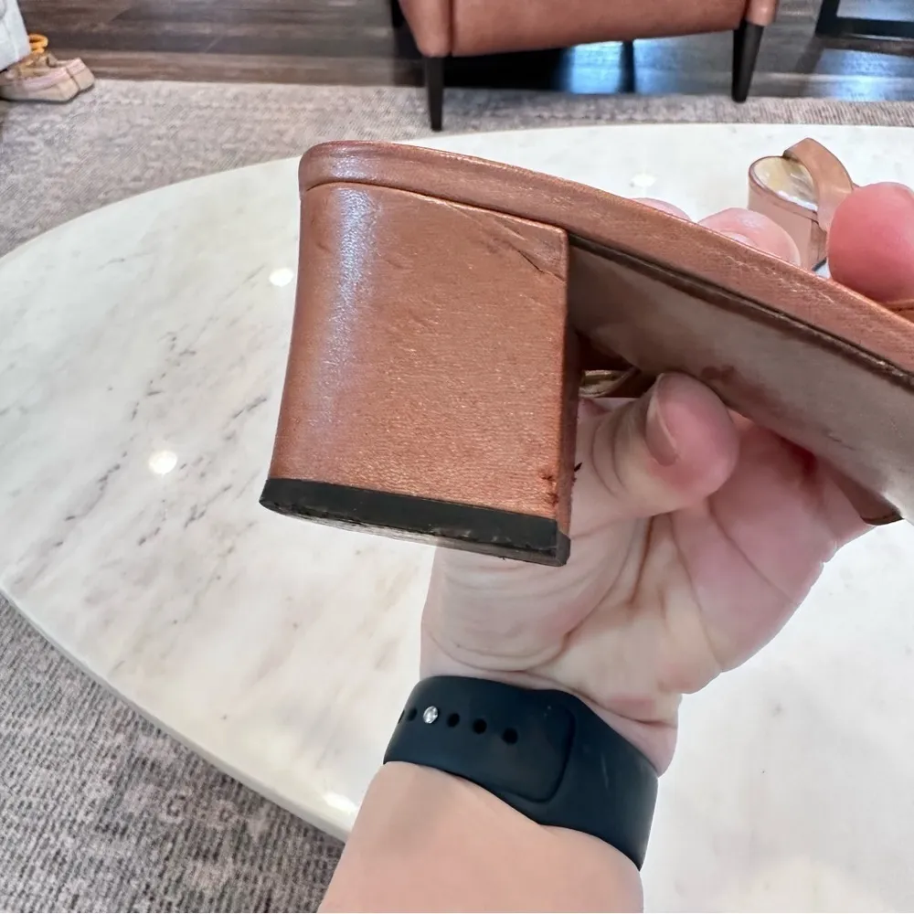 Bottega Veneta Light Brown Leather Strappy Block Heel Sandal with Gold Buckle 8B - Image 12