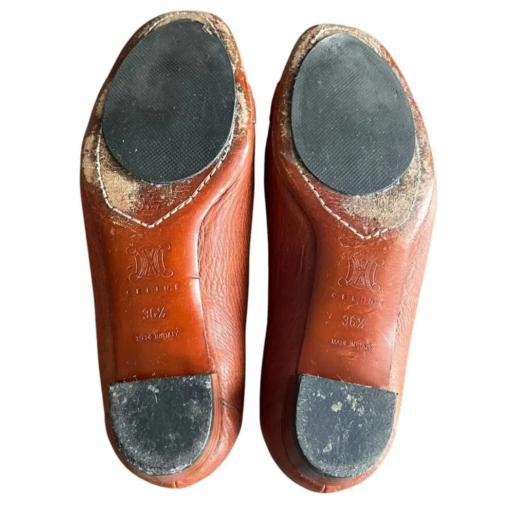 Celine Women’s Vintage Wooden Triomphe Cognac Brown Orange Leather Ballet Flat - Image 9