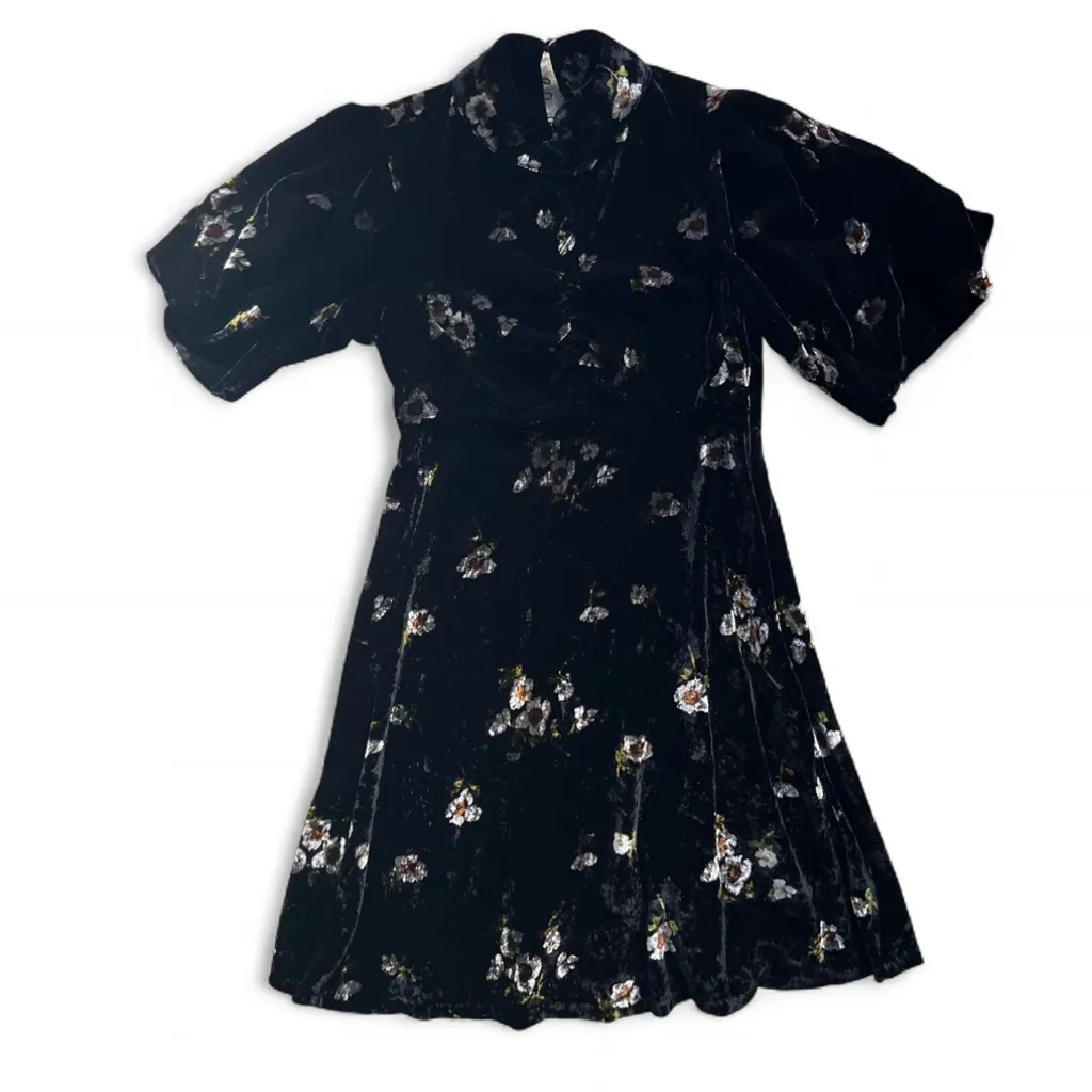 Free People Be My Baby Velvet Floral Print High Neck Mini Dress Black Size 0 - Image 4