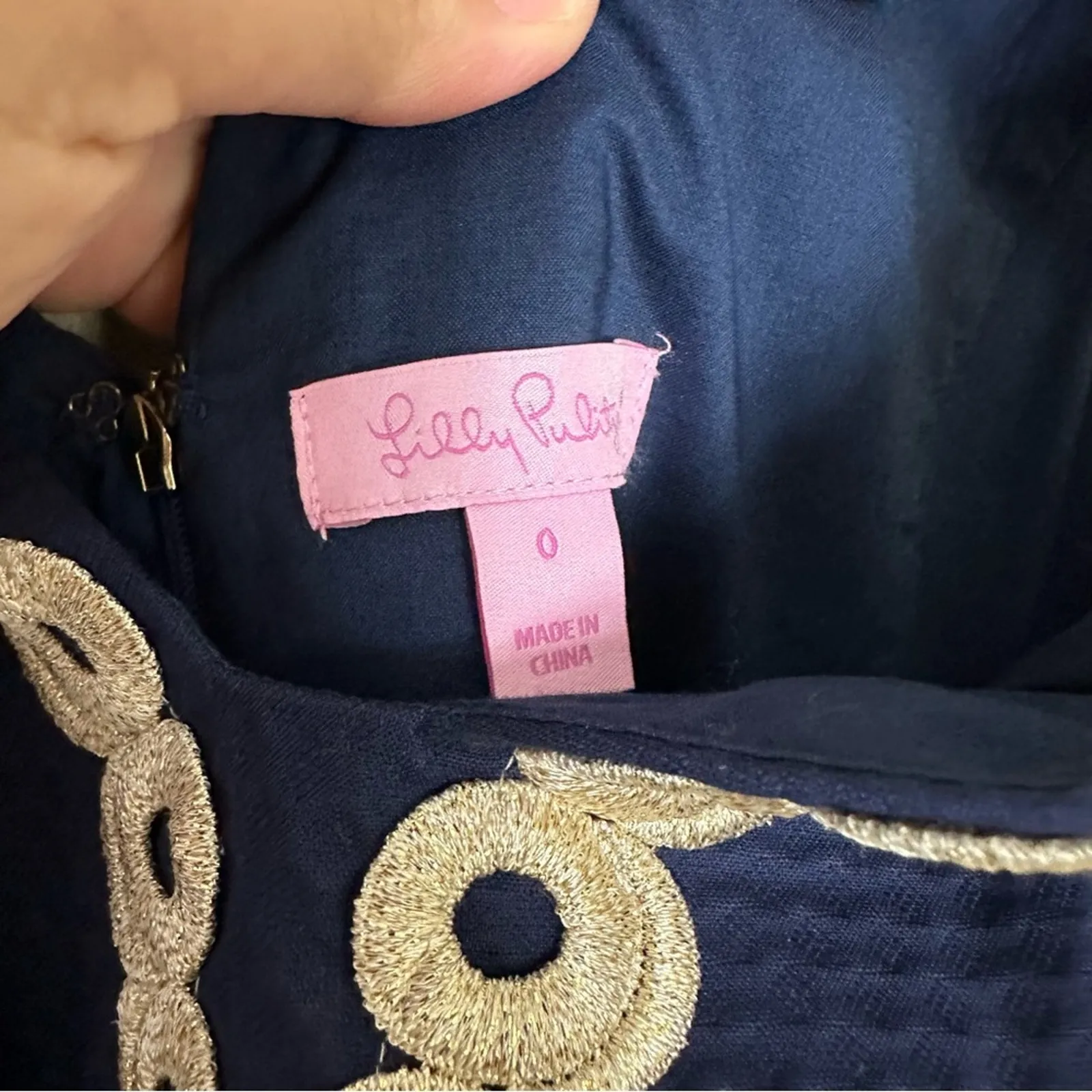 Lilly Pulitzer Mini Dress Gold Embroidered Trim Navy Blue Textured Cotton 0 - Image 4