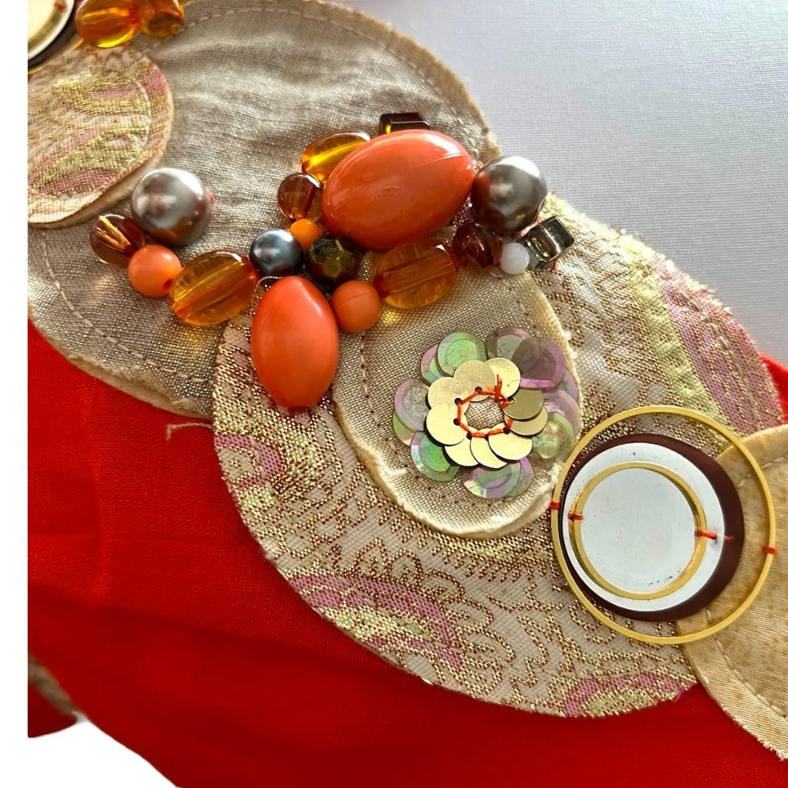 Vintage Medium Dress Y2K Cocktail Paris Beaded Linen Large Rene Derhy RARE Boho Orange - Image 9