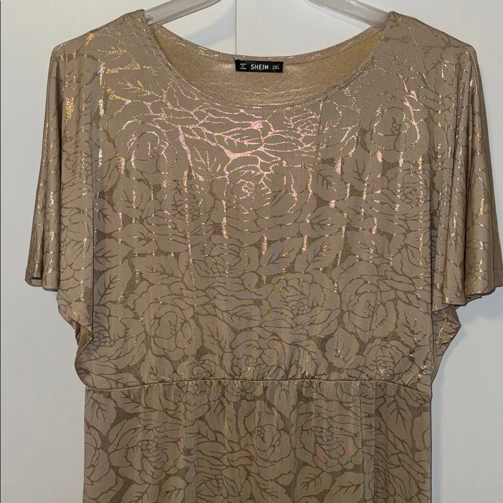 Dolman Sleeve Holiday Maxi Dress Metallic Floral Rose Print Women’s 2X by Shein - Image 3