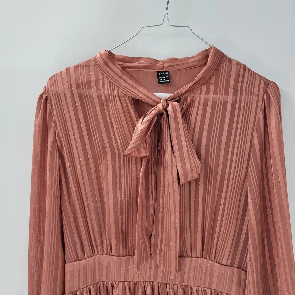 Shein Maxi Dress M Pink Sparkle Stripes Tie Neck Long Puff Sleeve Shirred Waist - Image 14