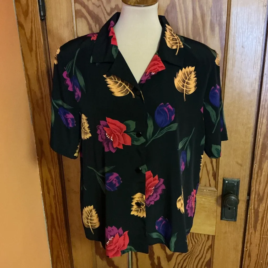 Vtg 90s flowers n leaves bright top Black Size L - Image 7