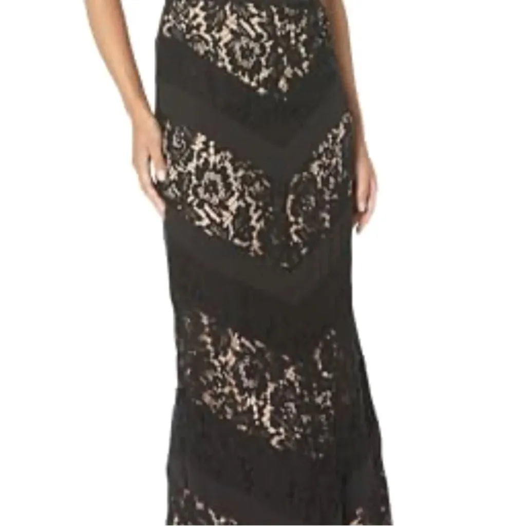 Fame & Partners The Spring Dress Sz 6 Cutout Chevron Lace Keyhole Column Maxi Black - Image 4