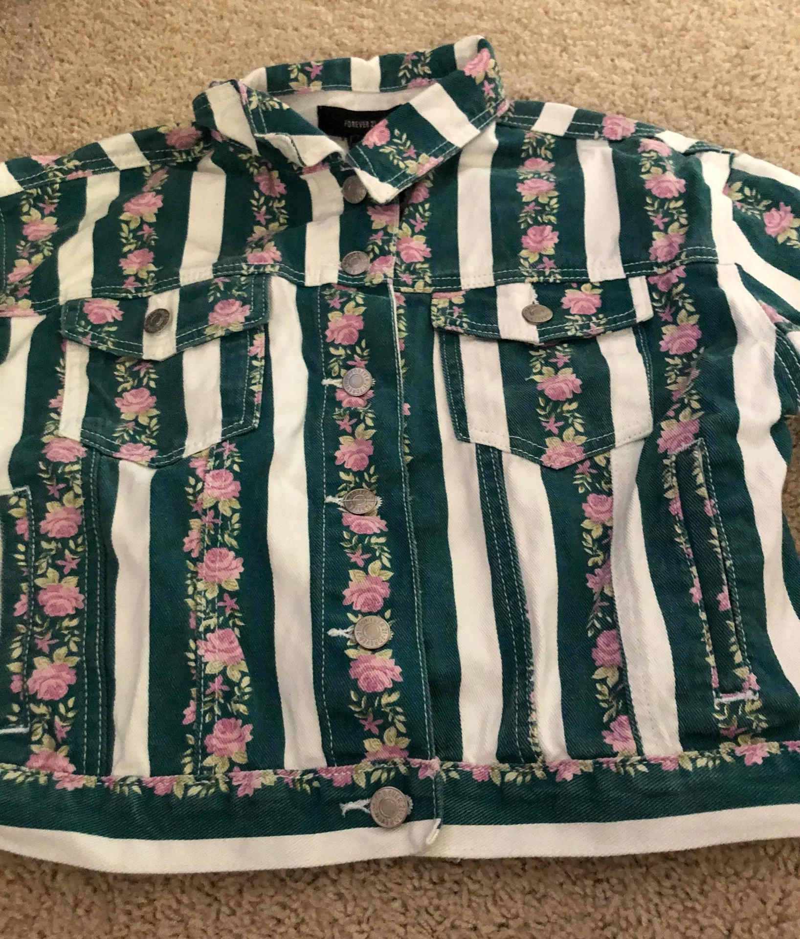 Green and white striped floral denim jacket never worn  - Image 3
