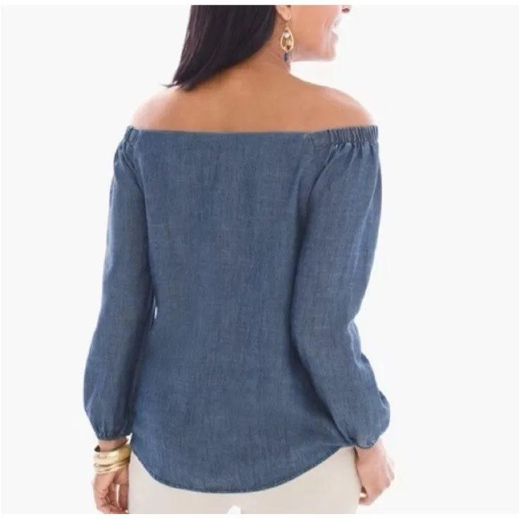 Chico's‎ Linen Blend Peasant Top Chambray Large Off Shoulder Long Sleeve Denim - Image 2