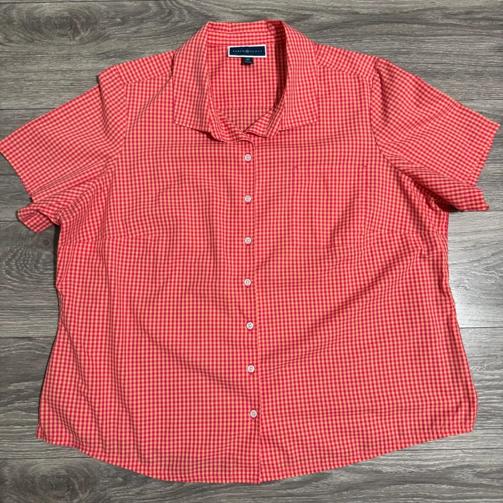 Karen Scott Womens 2X Gingham Check Short Sleeve Collared Button Up Shirt Coral - Image 5