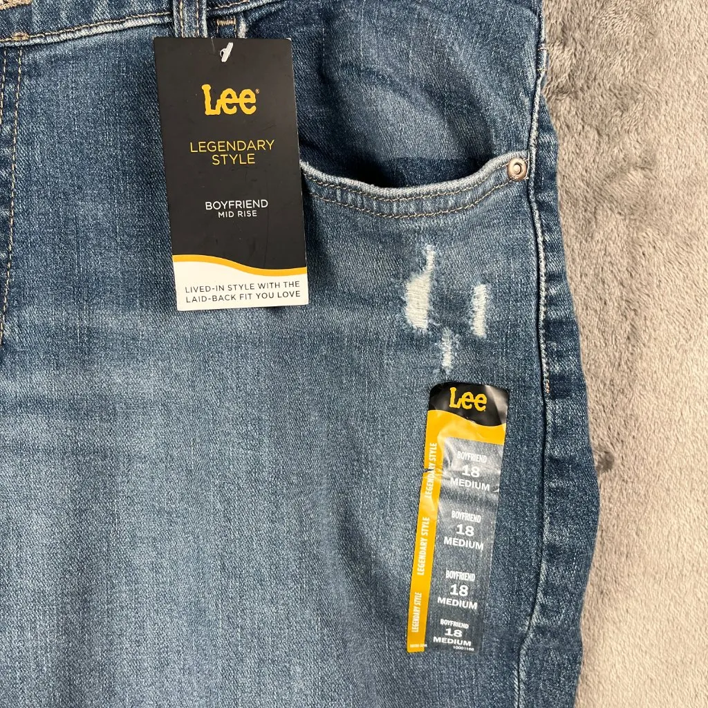 Lee Boyfriend Jeans Womens 18 Blue Mid Rise Relaxed Fit Distressed Denim Y2K NWT - Image 3