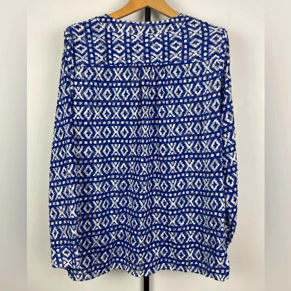 Chico’s Blue White Graphic‎ Ikat Peasant Pop Over Blouse - Image 9