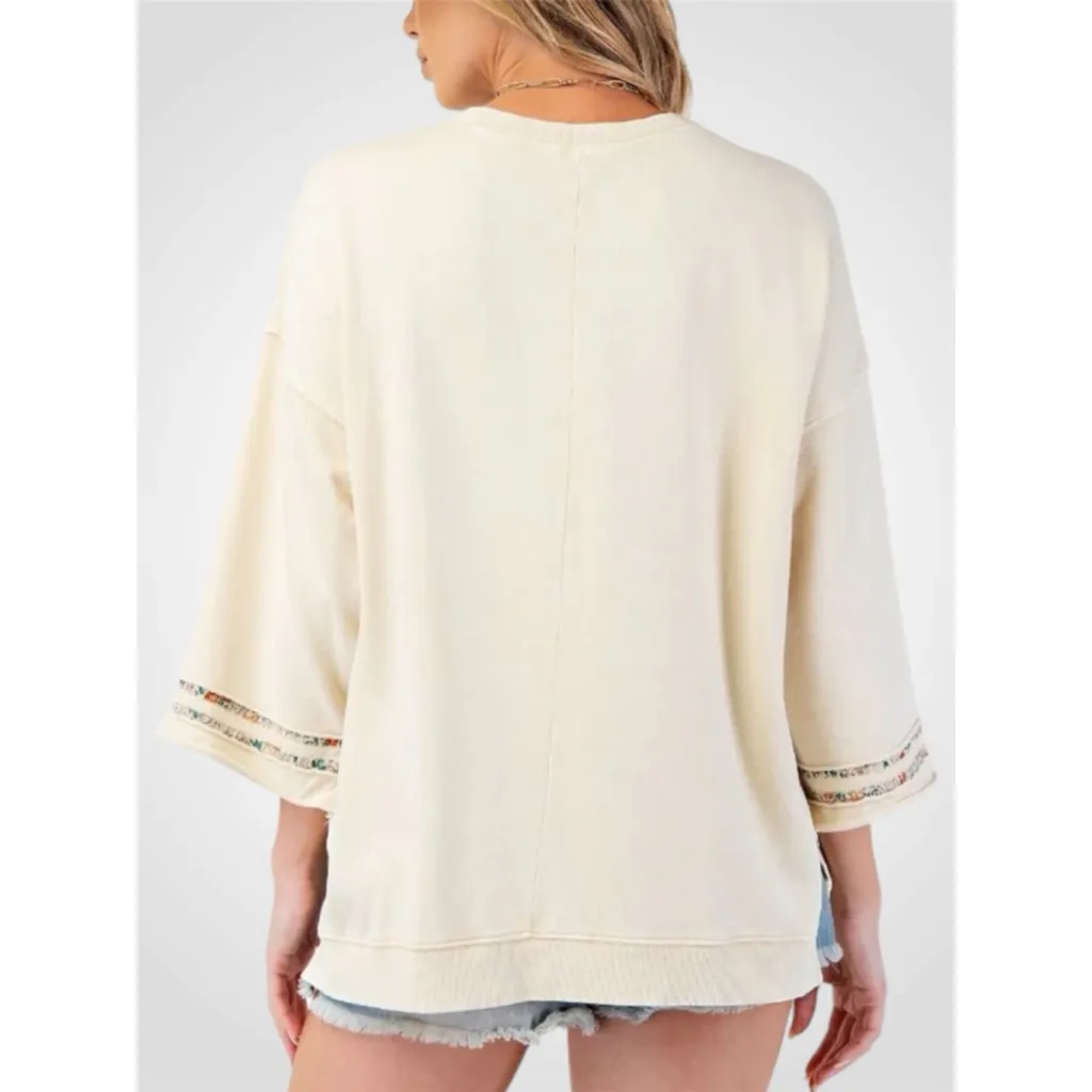 Easel Oversized Peace Patch Terry Knit Top in Oatmeal Size S - Image 2