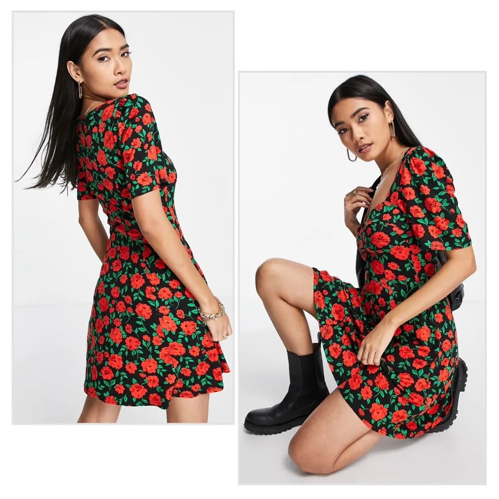 🆕 ASOS Design Tea Dress in Black & Red Rose Floral - Image 2