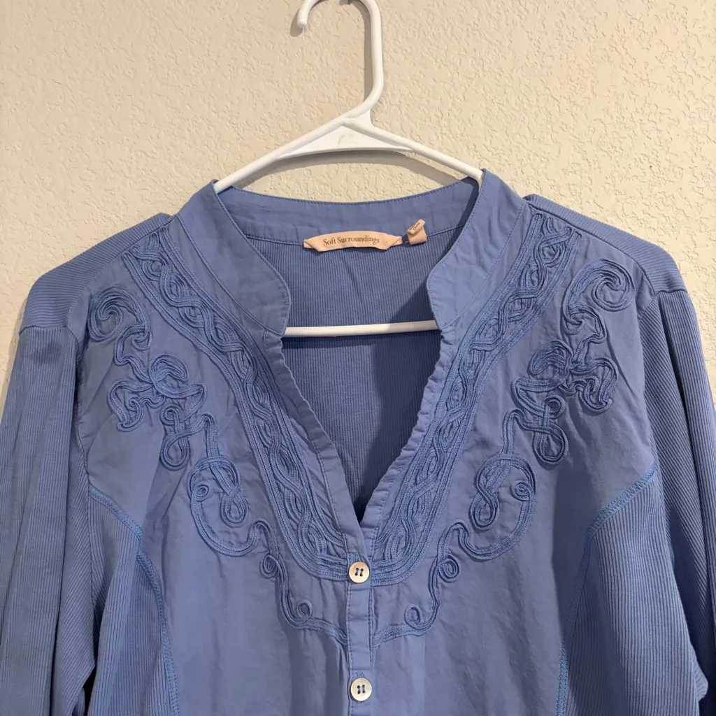 Soft Surroundings Rissani Embroidered Button-Down Tunic Top Atlantic Blue LARGE - Image 3