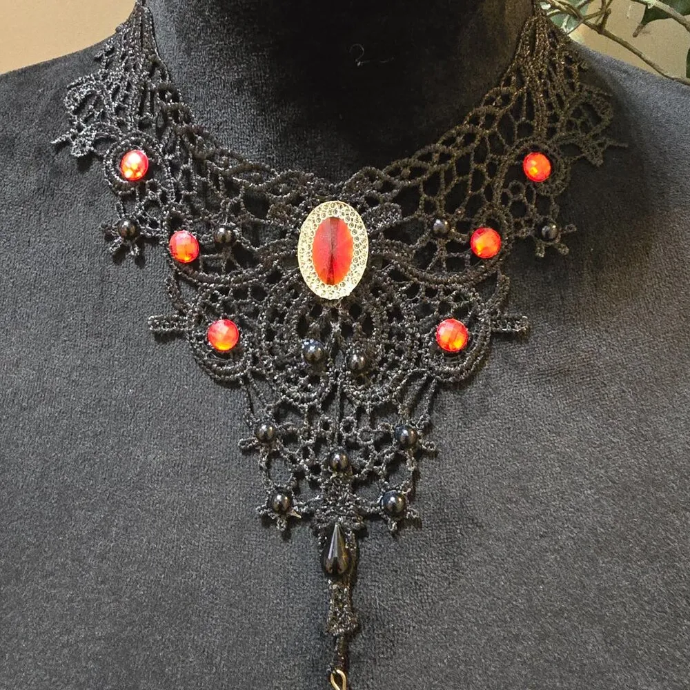 Vintage Aabellay Gothic Black Lace Red Stone Necklace Steampunk Vampire Choker - Image 2