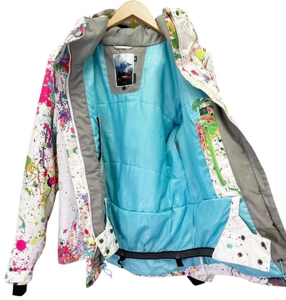GSOU Snow 10K Waterproof Ski Snowboard Jacket White Paint Splatter Size Large Pink - Image 6