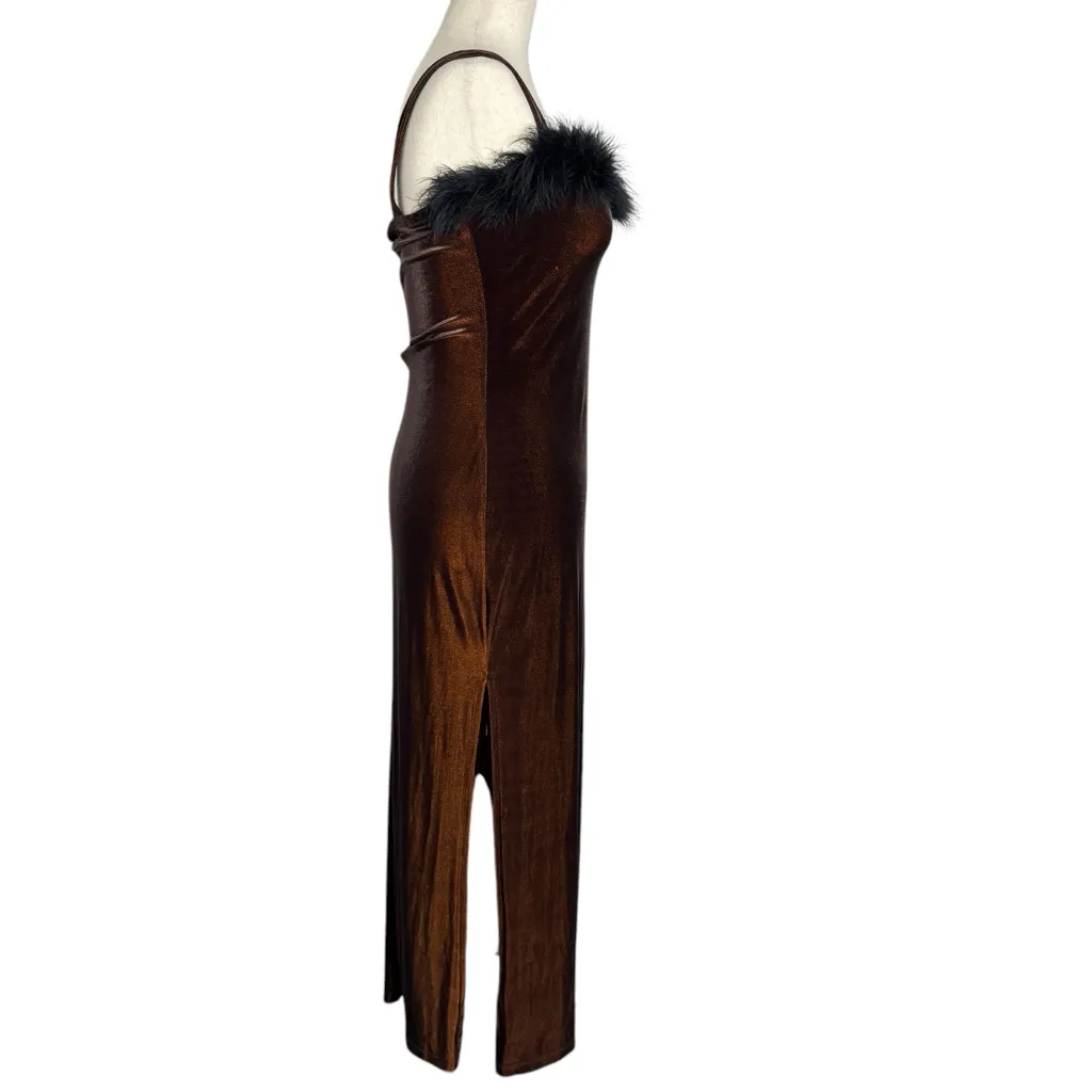 Vintage Beware Copper Velvet Feather Trim Midi Slip Party Dress Black Size M - Image 5