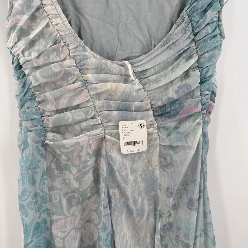 FREE PEOPLE Heart to Heart Dress Size 2 Ocean Blue Ruched Fairy Flowy NWT Midi - Image 11