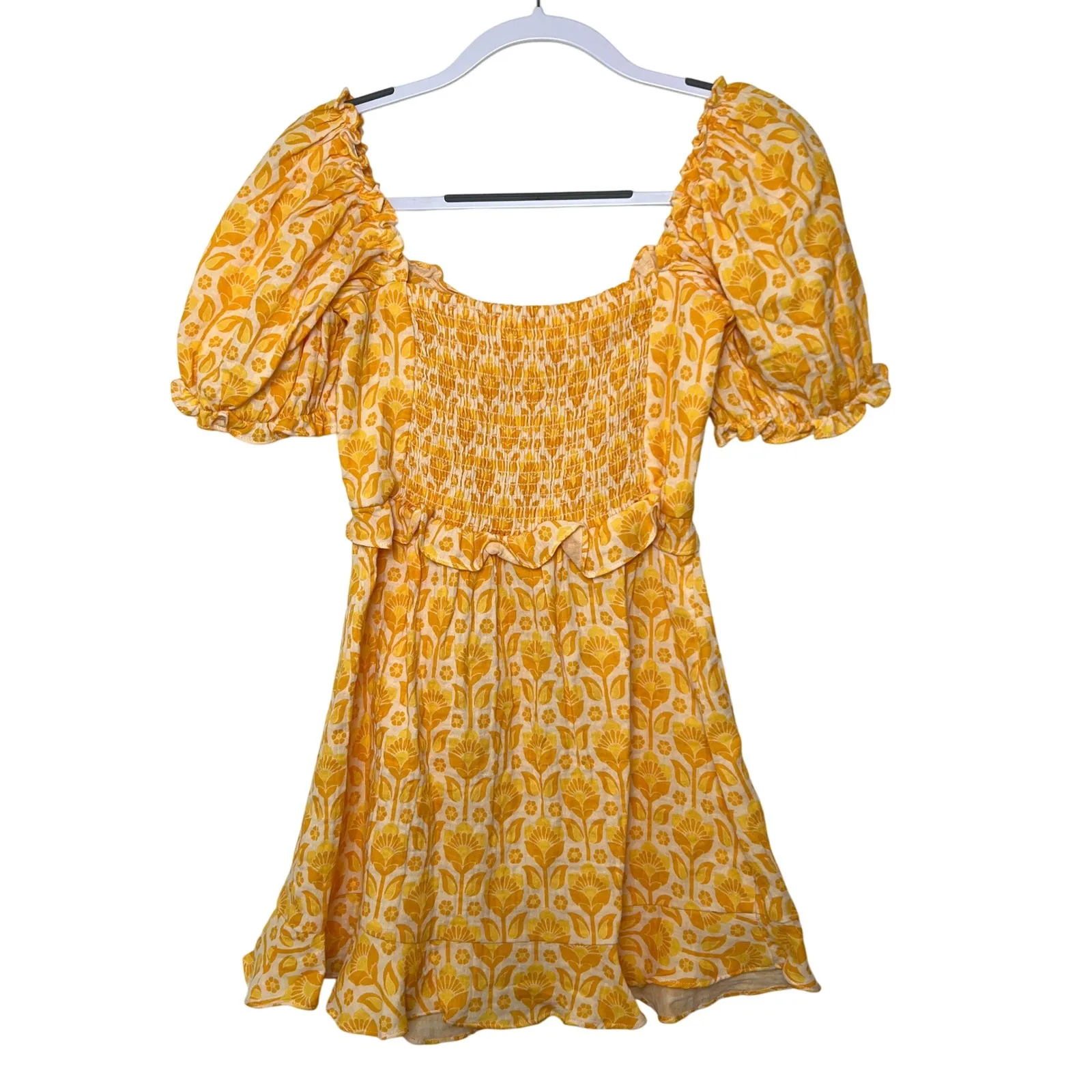 Show Me Your Mumu Sophie Mini Dress‎ Floral Print Puff Sleeve Yellow XS - Image 2