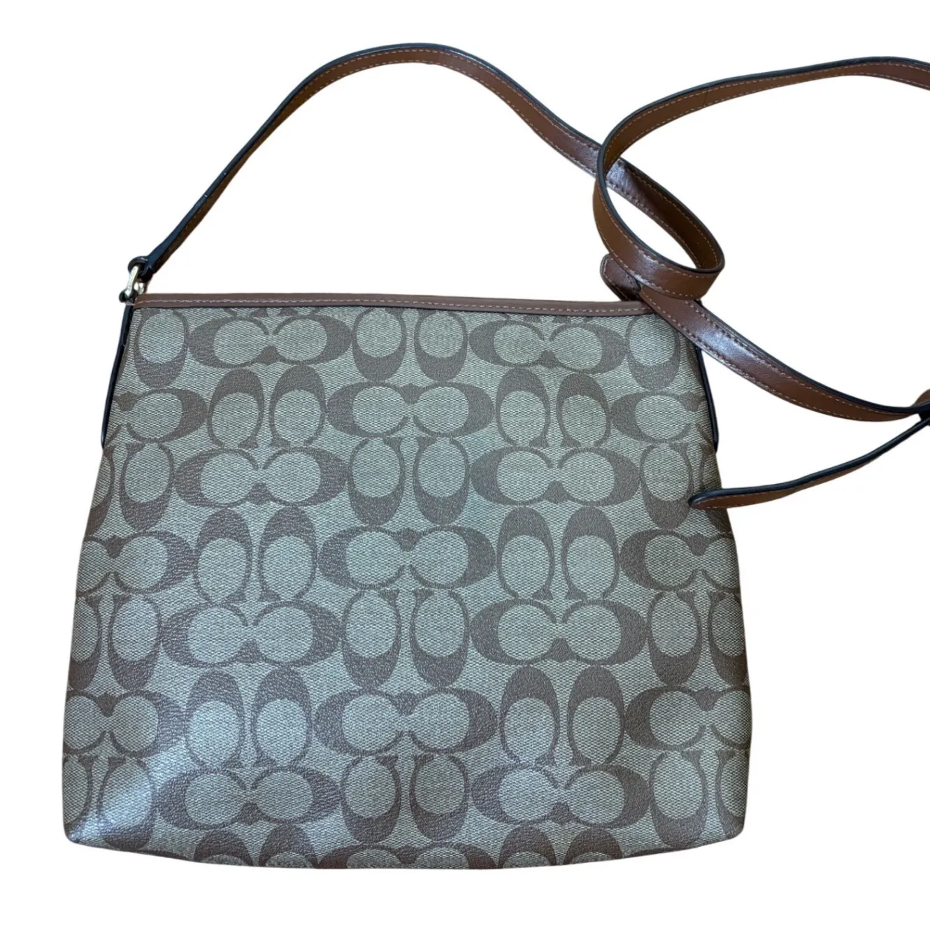 Coach Signature File Canvas Crossbody Bag Brown Tan Khaki Leather Trim - Image 3