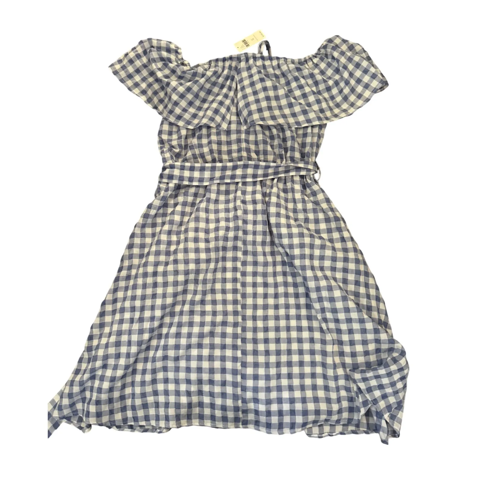 Anthropoogie Blue Gingham Off Shoulder Ruffle Midi Dress Belted Size Medium‎ - Image 2
