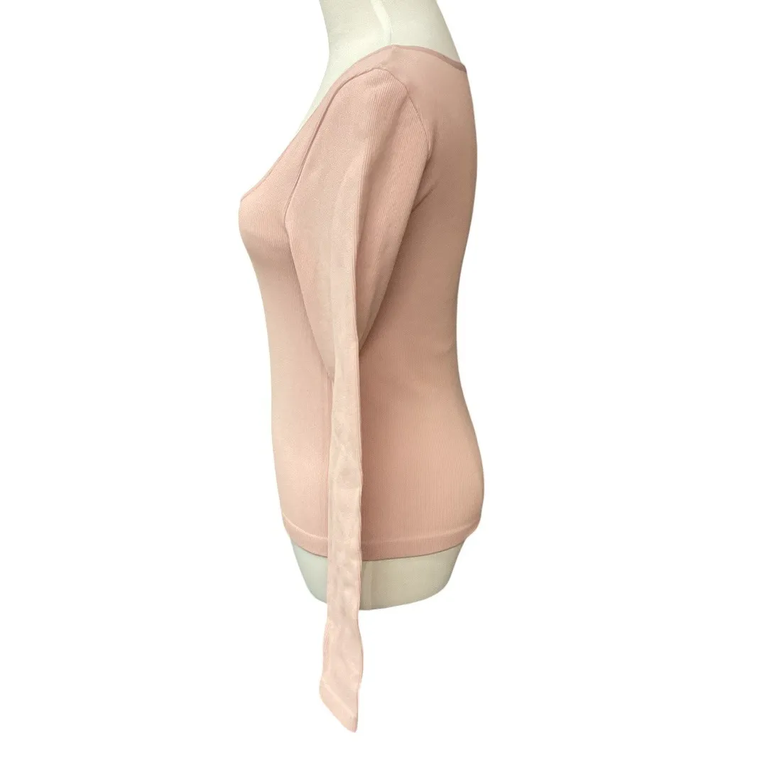 Elodie Ribbed Square Neck Long Sleeve Trendy Chic Style Top Pink Size L / XL - Image 5