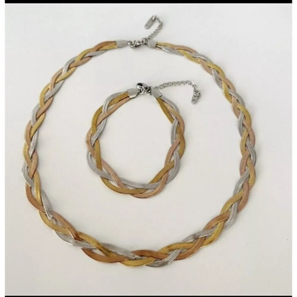 Stainless Steel Braid Tricolors snake Necklace SET Bracelet Womens jewelry Gold - Image 9