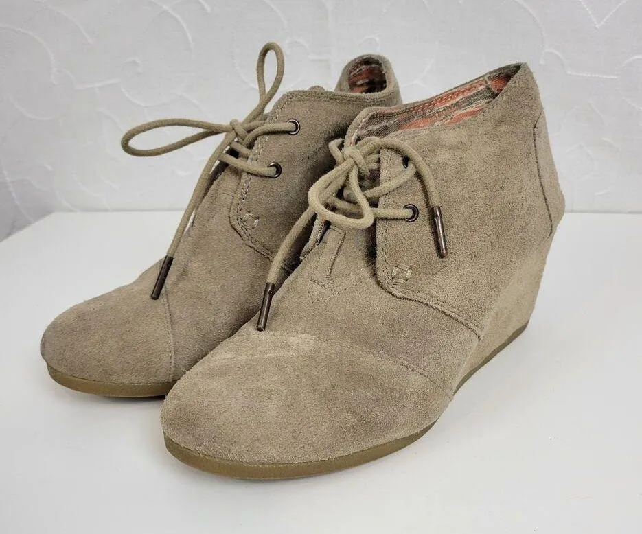 Toms Women's Shoes Size 8 Brown Suede Lace-Up Almond Toe Buck Wedges Heels - Image 2