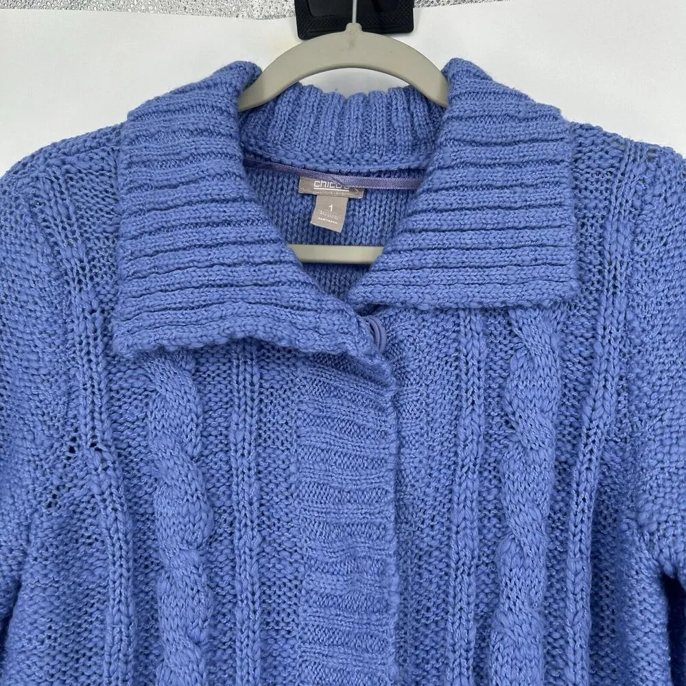 Chicos Cable Knit Cardigan Sweater Blue Wool Blend Snap Close Collared 1 Size M - Image 2