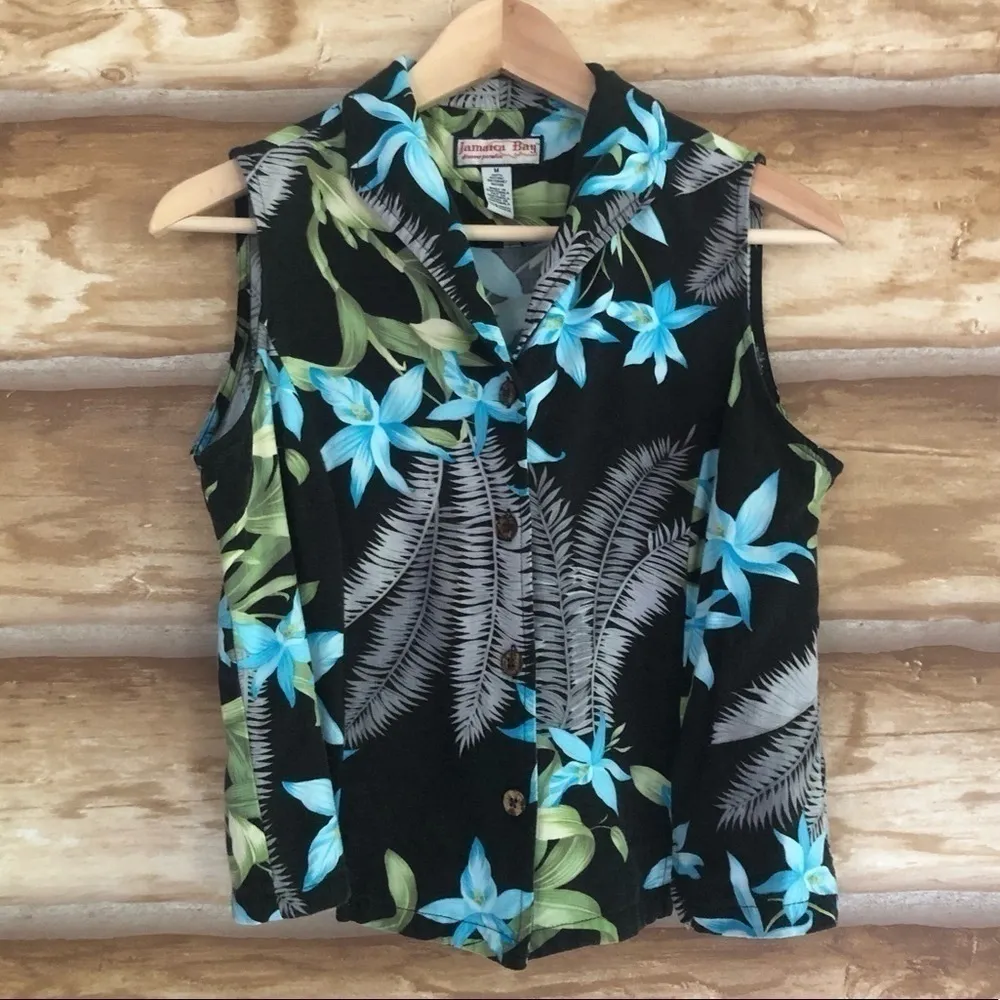 Vintage Jamaica Bay sleeveless tropical floral print blouse size medium Black - Image 9