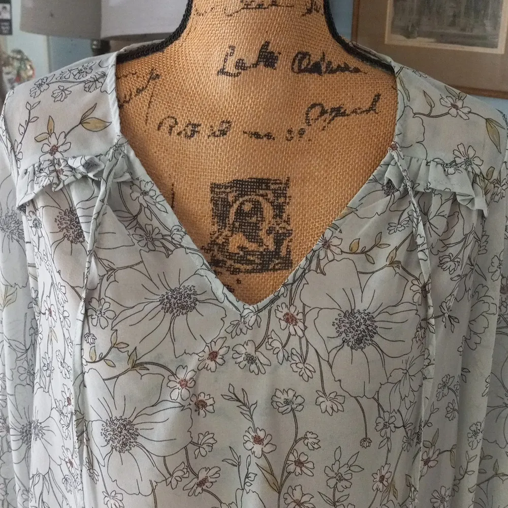 Lovestitch Light Blue Multicolored Floral Print Sheer Bohemian Tassel Blouse - Image 3