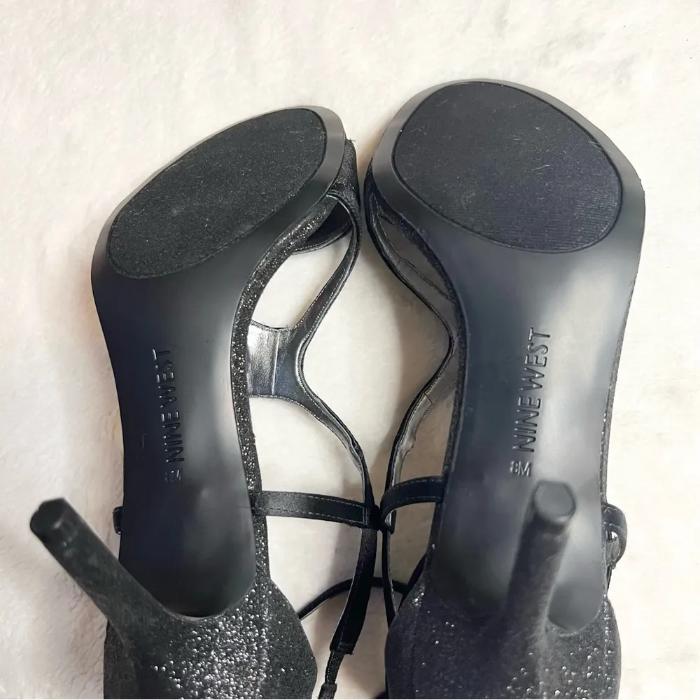 Nine West Black Glitter Strappy Ankle Strap Heels Size 8 - Image 16