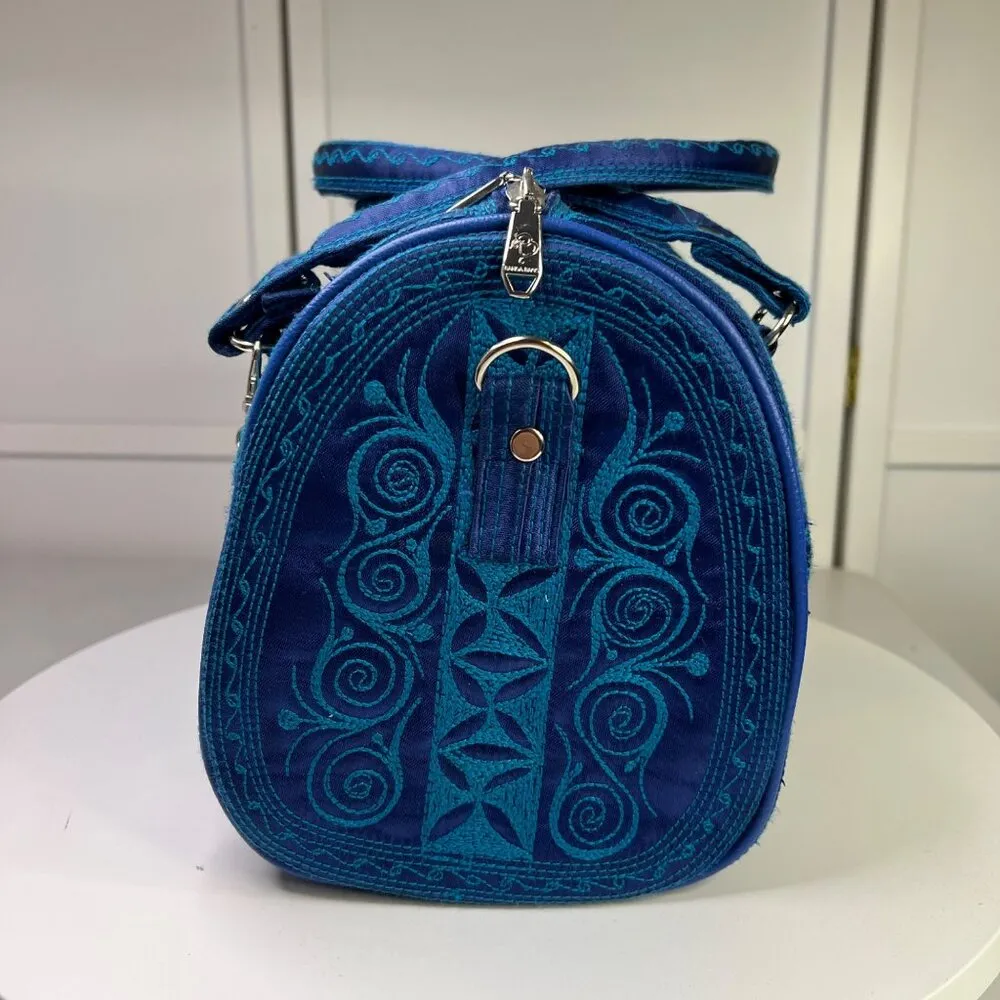 Blue Banda Barrel Bag With Intricate Embroidery & Detachable Charm - Image 7